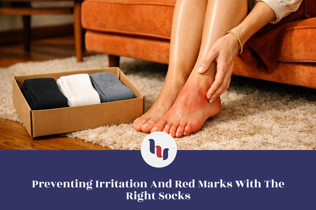 Person checking socks next to a box on a carpeted floor with a logo overlay.