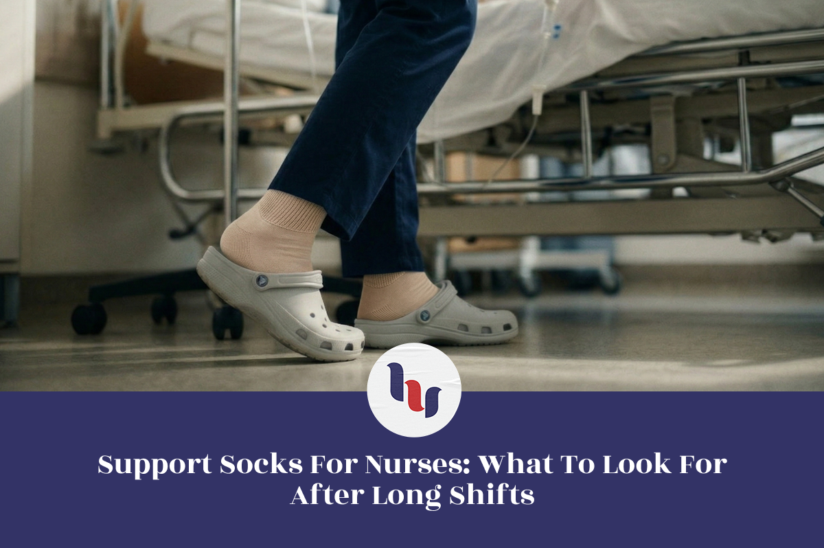 Person wearing support socks in a hospital setting with text about support socks for nurses.