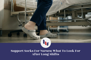 Person wearing support socks in a hospital setting with text about support socks for nurses.