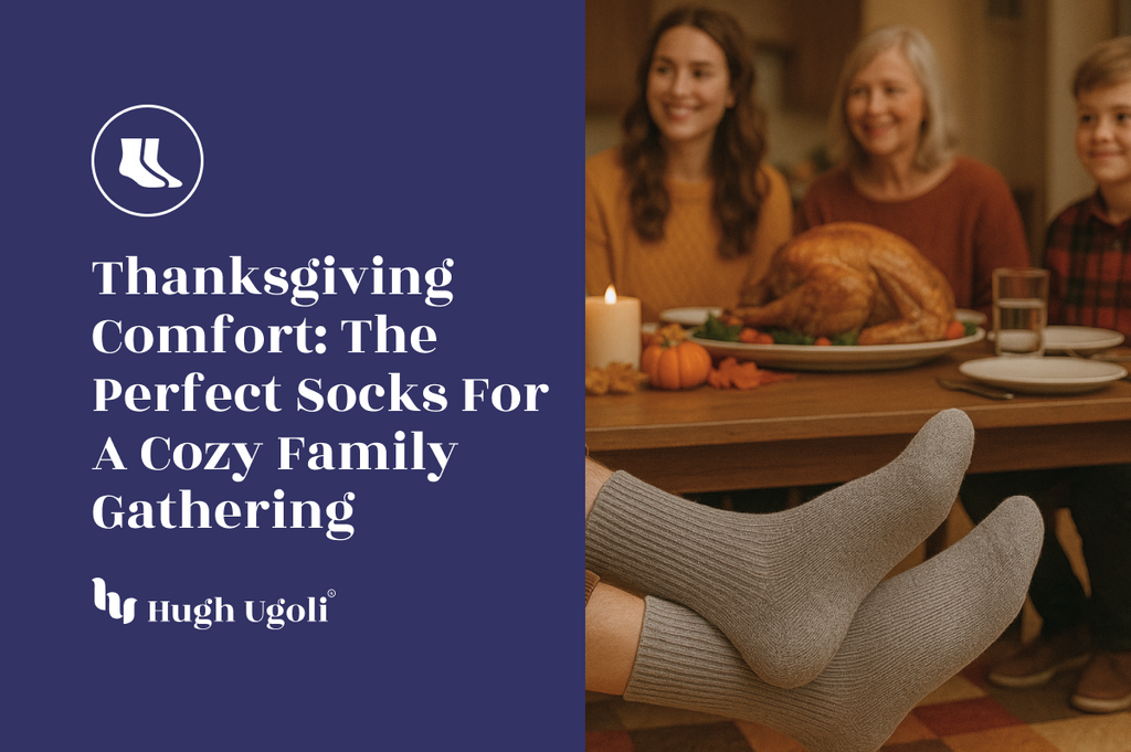 Advertisement for Hugh Ugolf socks during Thanksgiving with family at dinner table.