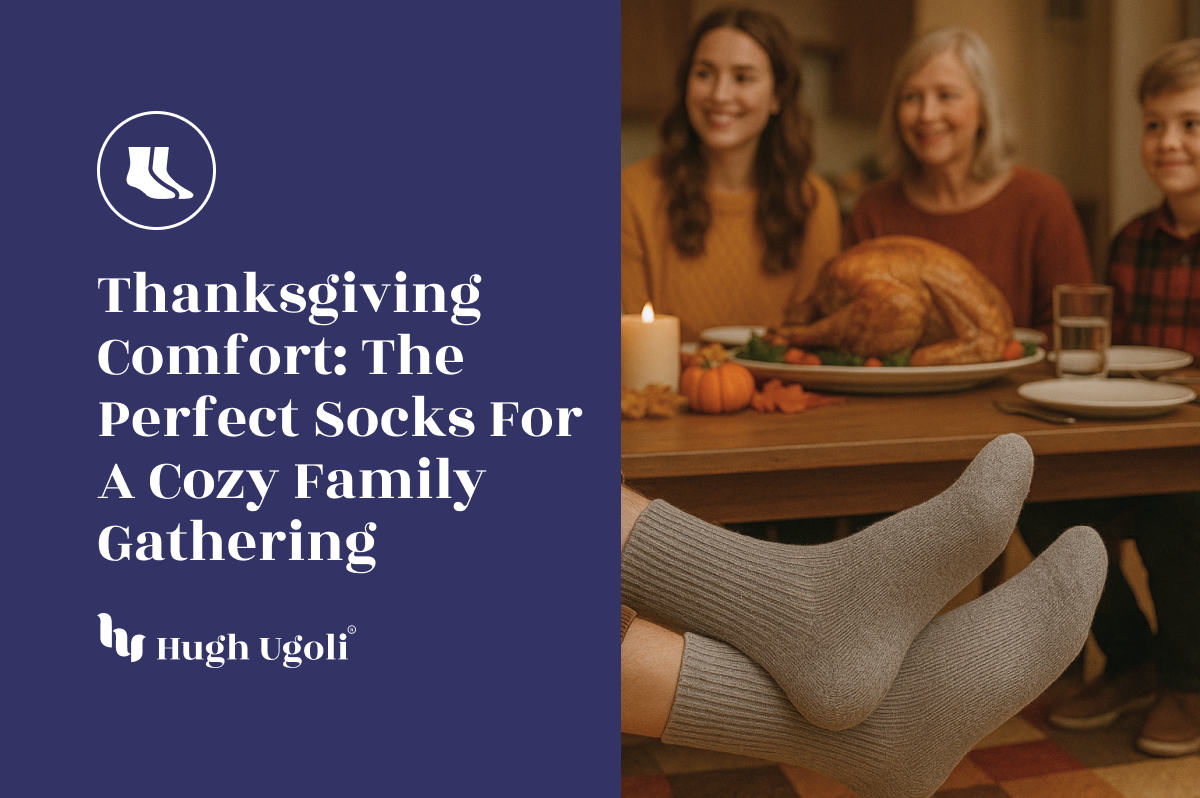 Advertisement for Hugh Ugolf socks during Thanksgiving with family at dinner table.