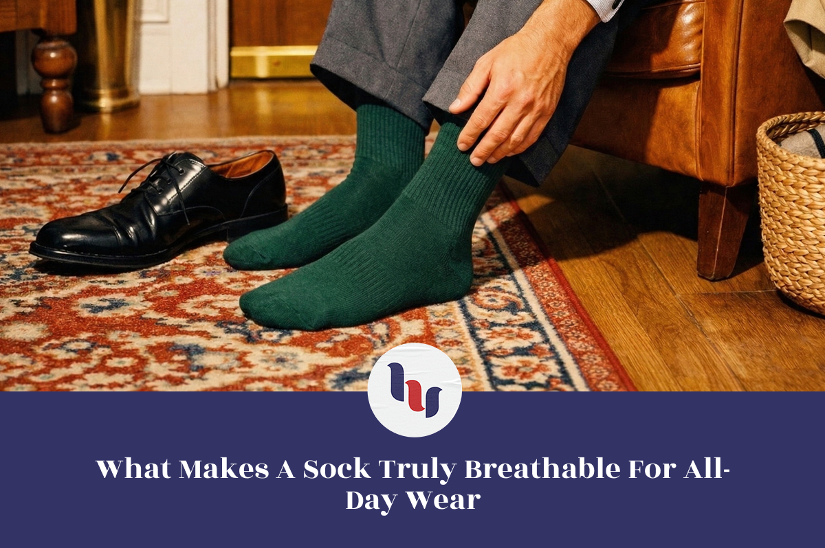 Person wearing green socks and black shoes on a wooden floor with a rug.