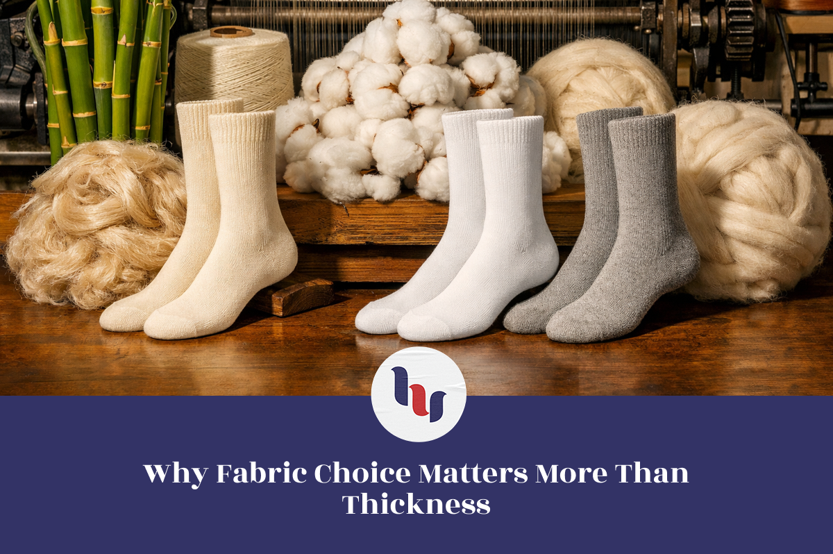 Three pairs of socks in white, gray, and beige on a wooden surface with yarn balls and a knitting machine in the background.