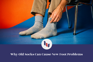 Person wearing gray socks sitting on a blue and orange floor, with a logo and text about foot problems.