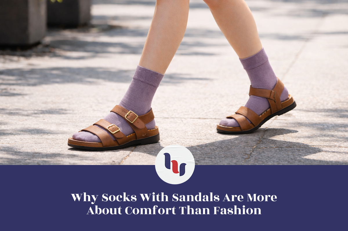 Person wearing brown sandals with purple socks on a pavement.