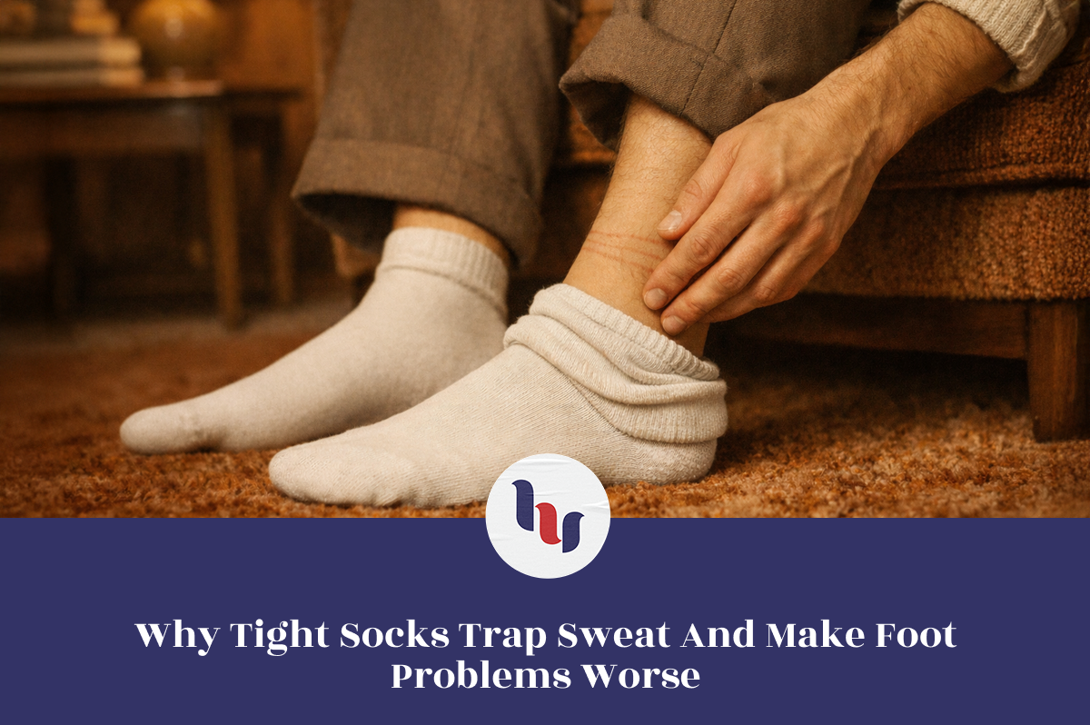 Person adjusting a sock with text about tight socks and foot problems