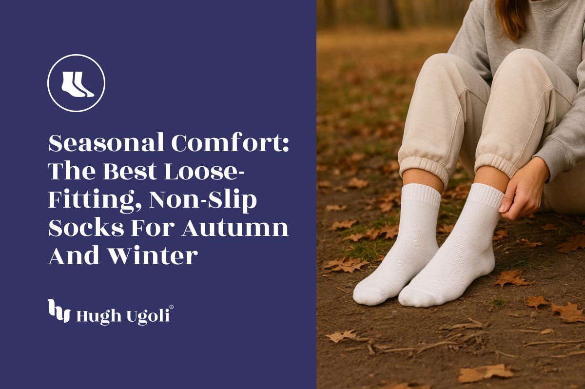 Person wearing white socks sitting on the ground with text about loose-fitting, non-slip socks for autumn and winter.