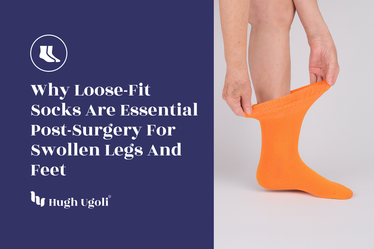 Orange sock being worn with text about loose-fit socks post-surgery on a blue and white background
