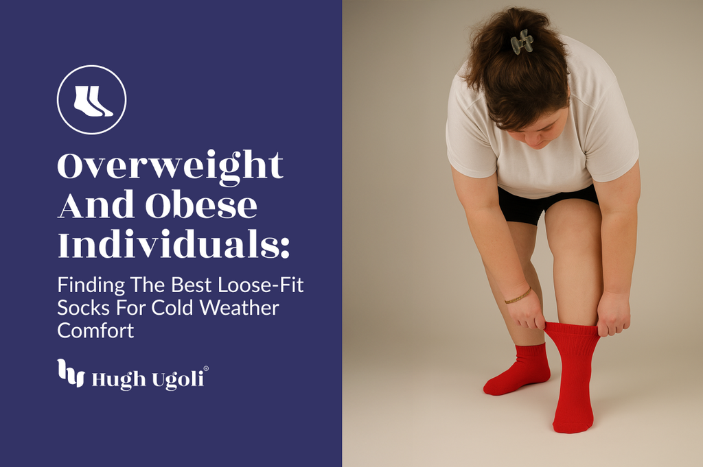 Person wearing maroon socks with text about preventing pressure sores during cold months, featuring Hugh Egolf brand.