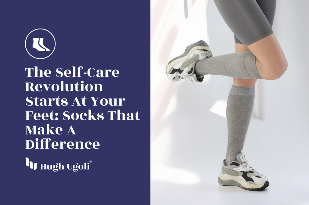 Person wearing grey knee-high socks and sneakers in a bright minimal room, representing comfort and wellness in everyday self-care style.