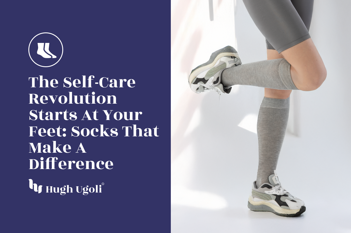 Person wearing grey knee-high socks and sneakers in a bright minimal room, representing comfort and wellness in everyday self-care style.
