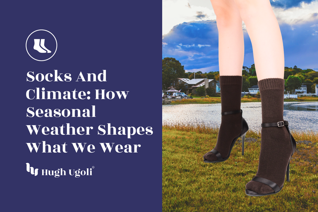 Woman wearing brown Hugh Ugoli socks with heels outdoors by a lakeside, symbolizing how seasonal weather influences sock and fashion choices.