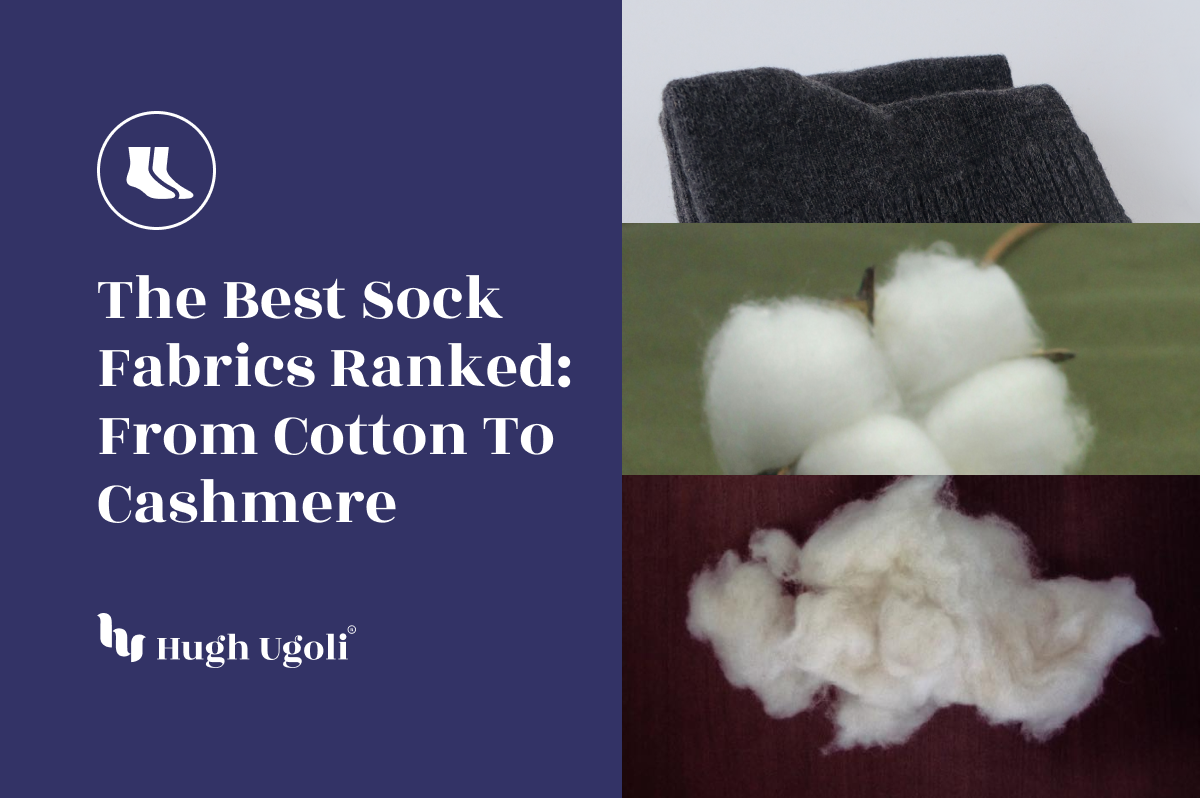 Premium Hugh Ugoli socks folded with close-up images of cotton and cashmere fibers, representing the best sock fabrics ranked from cotton to cashmere.