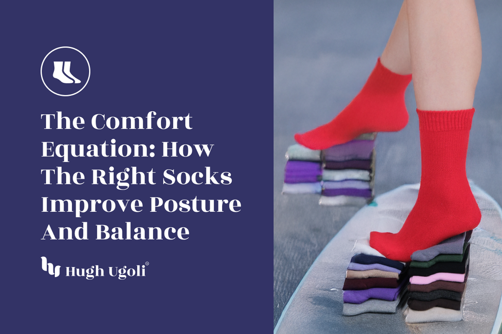 Red socks on a stack of multicolored socks with text about sock comfort and posture.