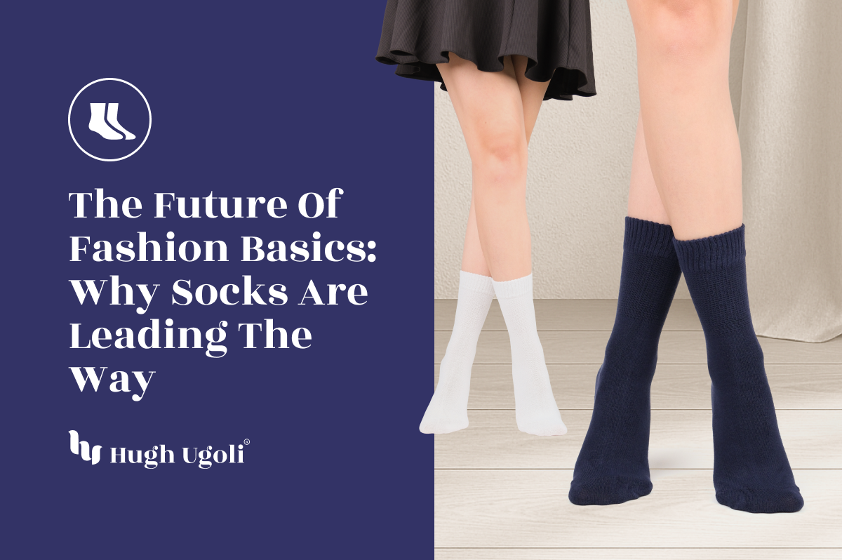 Two people wearing socks with a blue background and text about fashion basics.