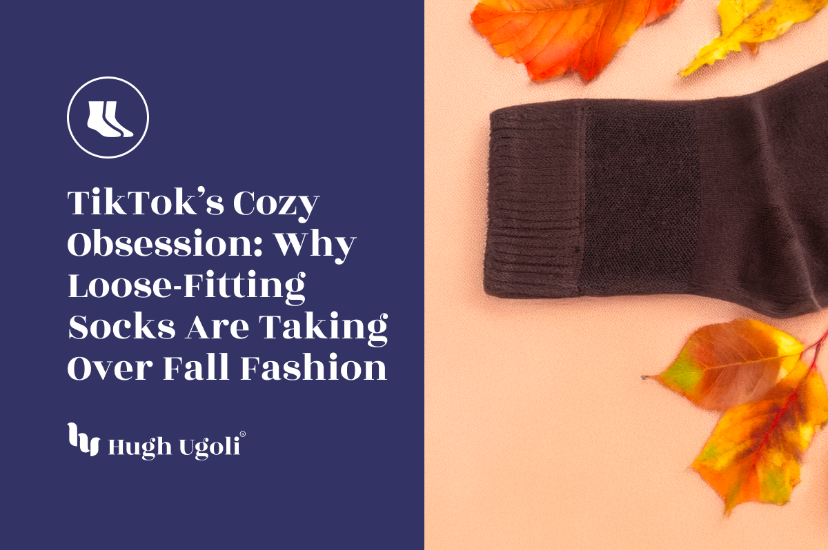 Flat lay of brown loose-fitting socks with autumn leaves on a peach background, symbolizing TikTok’s cozy fall fashion trend.
