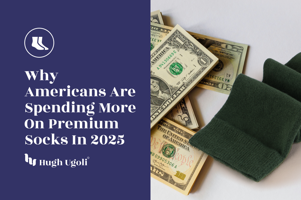 Green Hugh Ugoli premium socks placed beside US dollar bills, symbolizing rising American spending on high-quality socks in 2025.