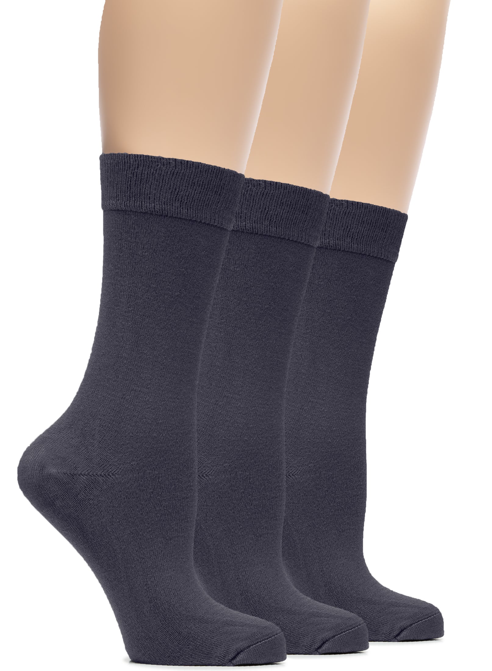 Three pairs of charcoal gray socks on a white background