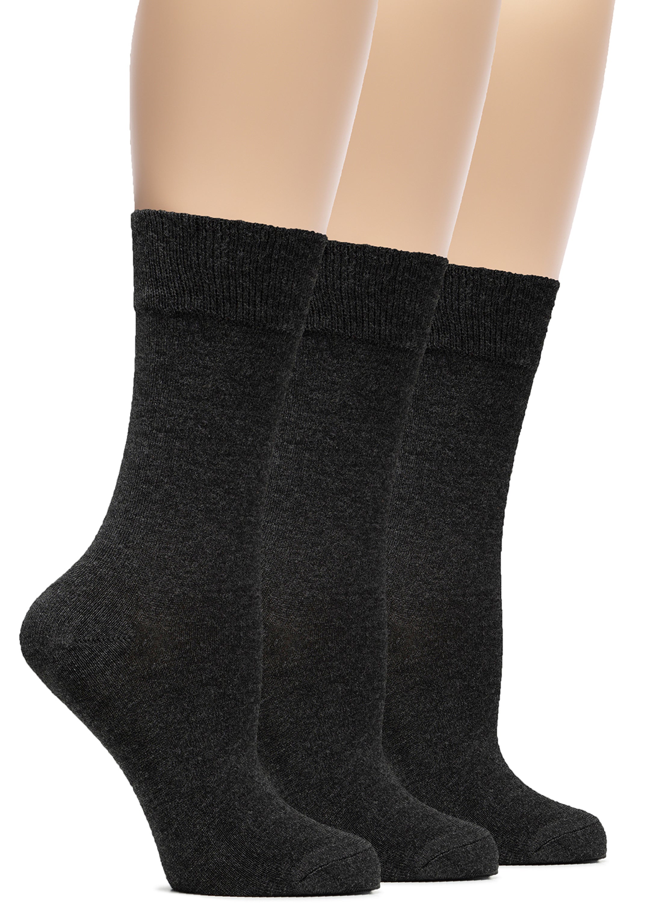 Three pairs of charcoal socks on a white background