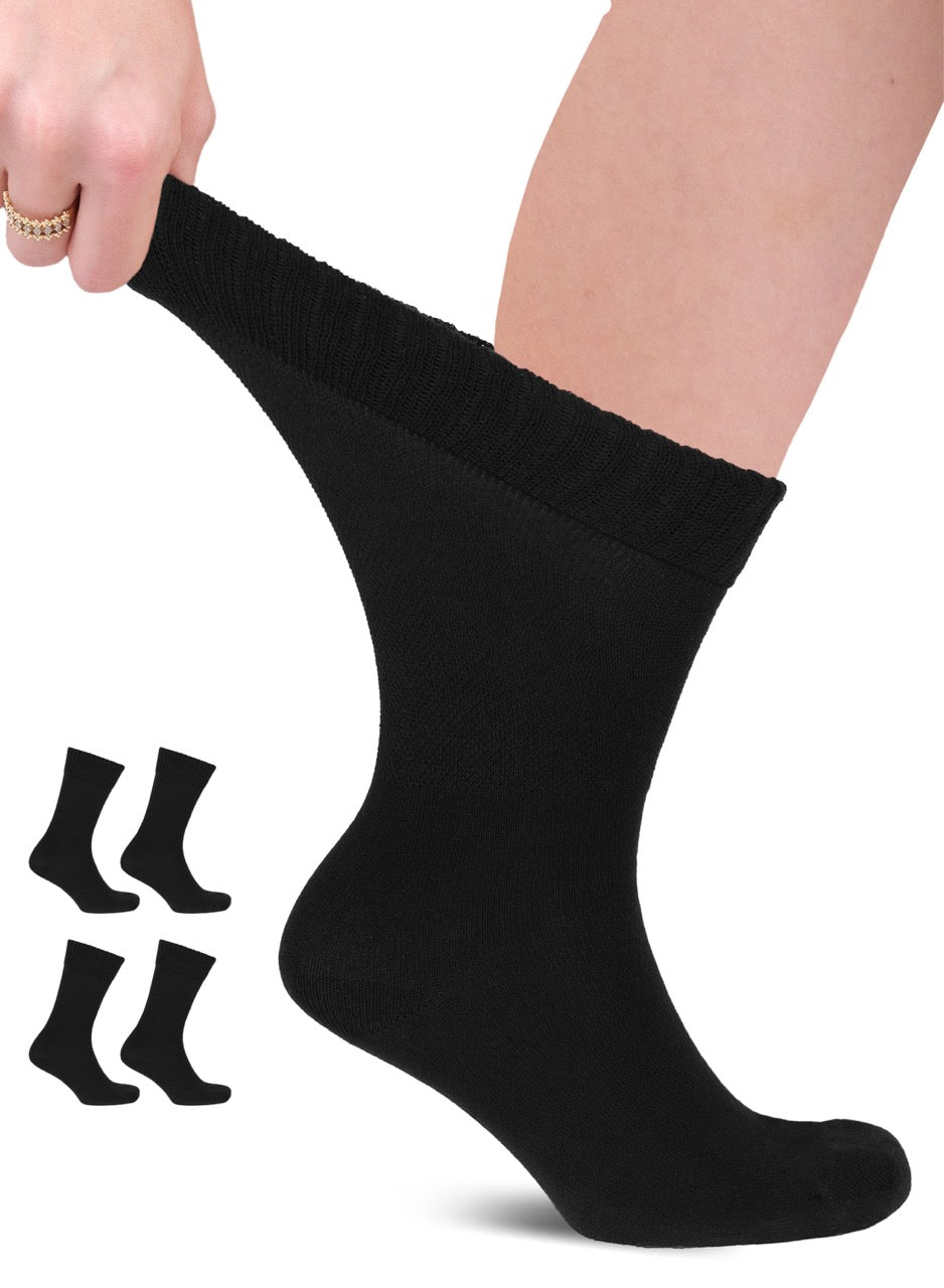 The image features a person's lower leg pulling up a black crew sock, with additional pairs of the same style socks shown as miniatures to the left, against a white background.