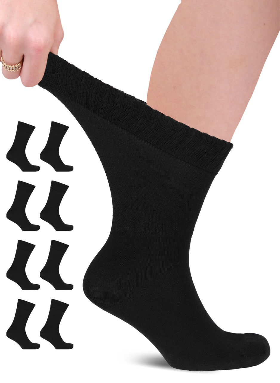 The image features a person's lower leg pulling up a black crew sock, with additional pairs of the same style socks shown as miniatures to the left, against a white background.