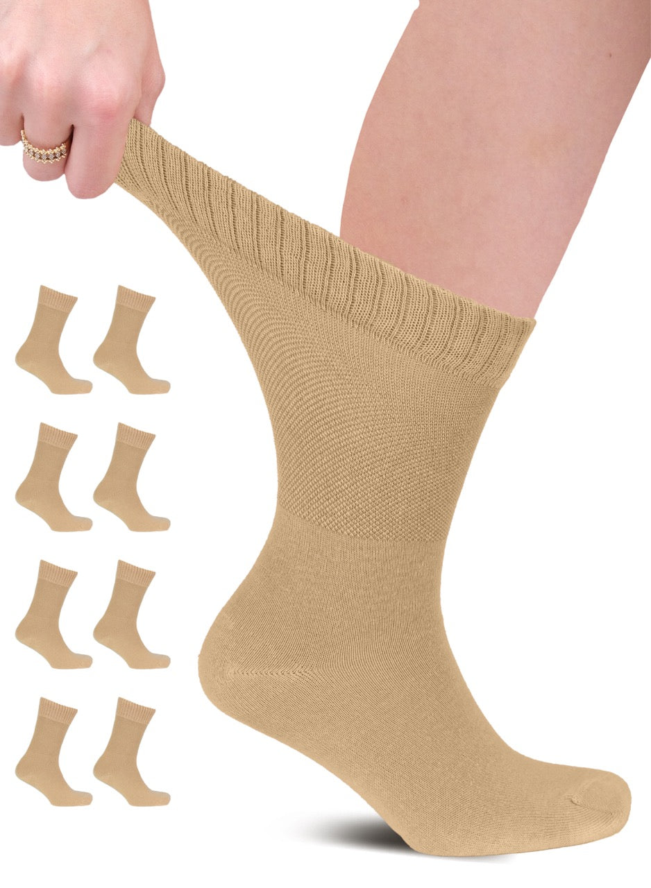 The image displays a person's lower leg pulling up a beige crew sock, with additional pairs of the same style socks depicted as miniatures in the background to the left, all set against a white backdrop.