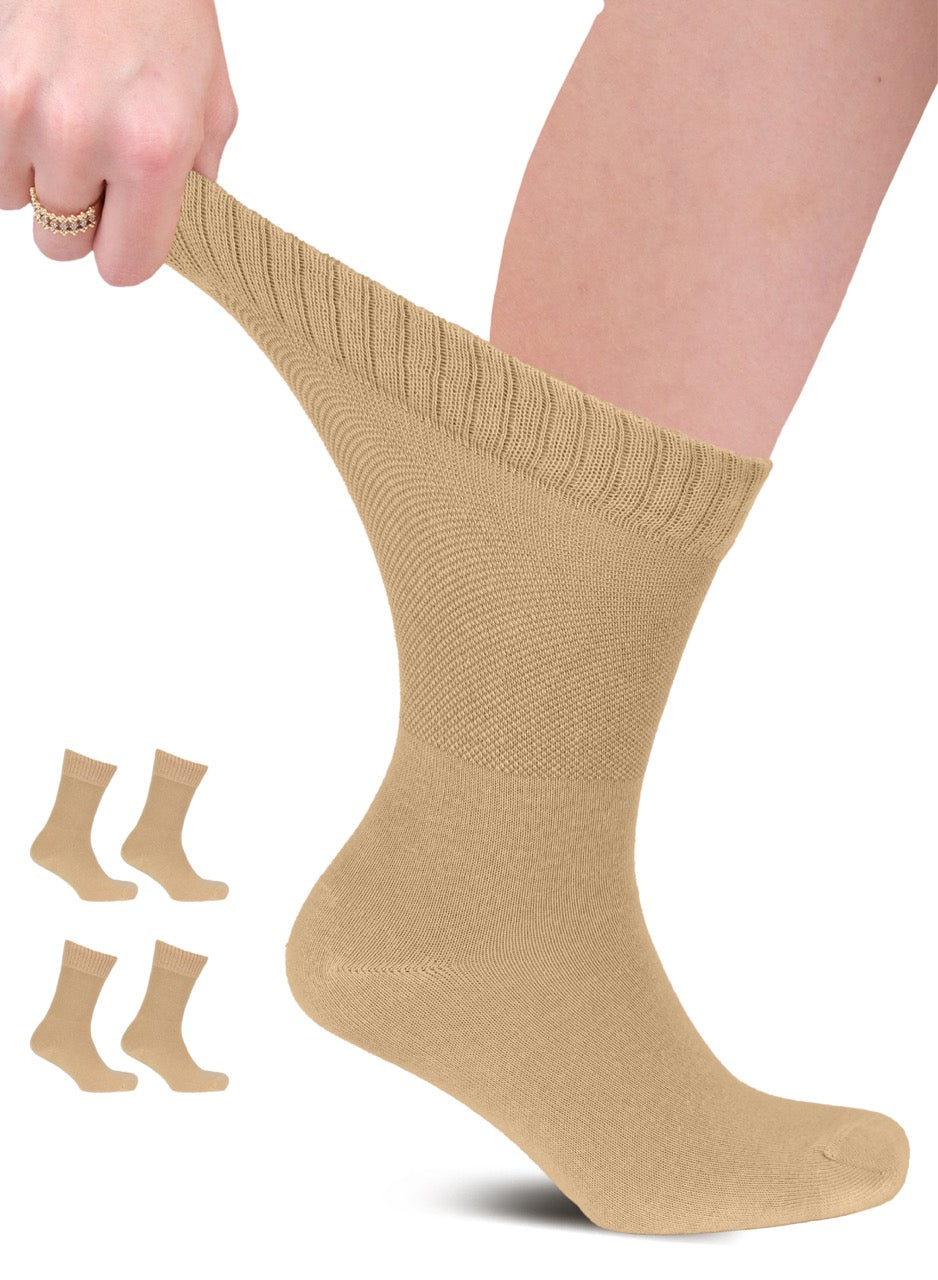 The image displays a person's lower leg pulling up a beige crew sock, with additional pairs of the same style socks depicted as miniatures in the background to the left, all set against a white backdrop.