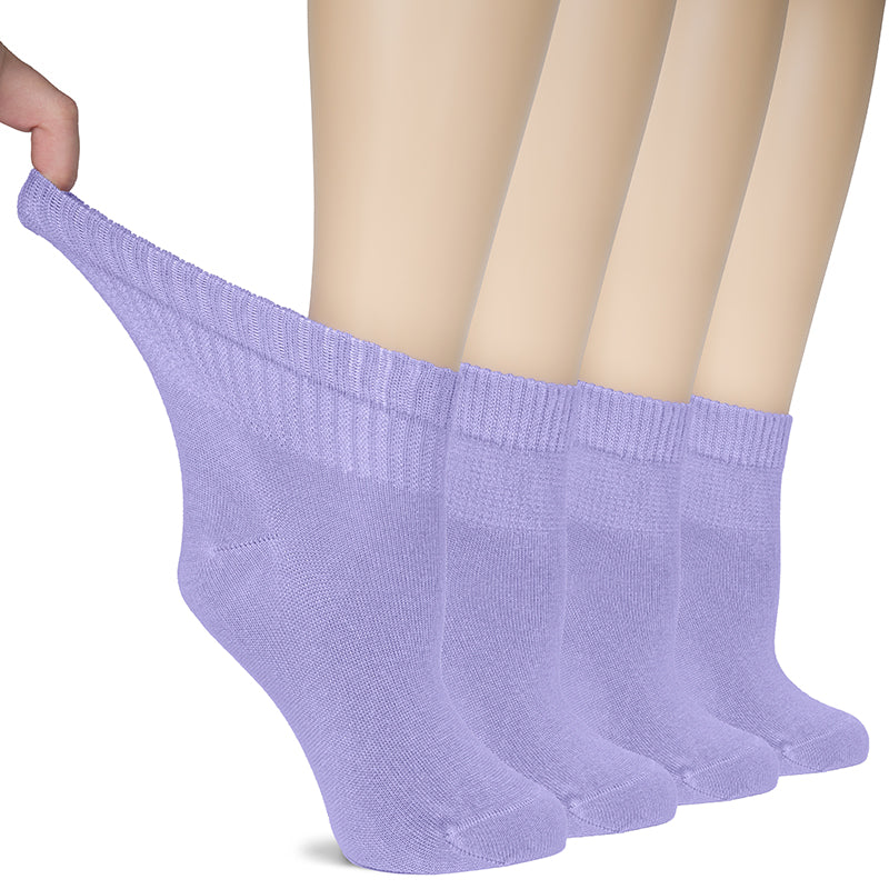 A woman's feet adorned in purple socks, each foot layered with an additional pair, showcasing the comfort and style of Hugh Ugoli Lightweight Women's Diabetic Ankle Socks- Hugh Ugoli