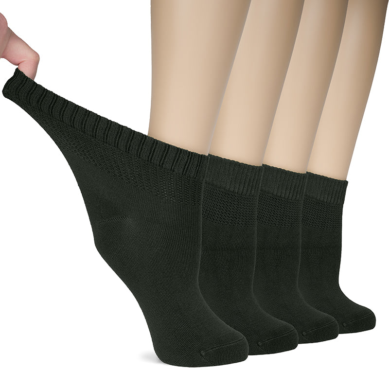 Step into comfort and style with dark forest green black socks featuring a woman's foot. Made from soft bamboo fabric, they provide a perfect fit and support for your feet. Say goodbye to irritation and hello to improved circulation with their seamless toe construction and non-binding top. Plus, you get four pairs, so no worries about losing one on laundry day!- Hugh Ugoli
