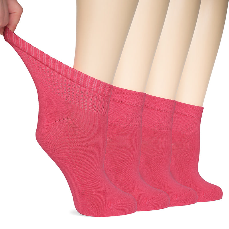 Experience ultimate comfort and style with paradise pink women's pink ankle socks. Crafted from breathable bamboo fabric, they offer a seamless toe construction and non-binding top for improved circulation. Get four pairs for added convenience!- Hugh Ugoli