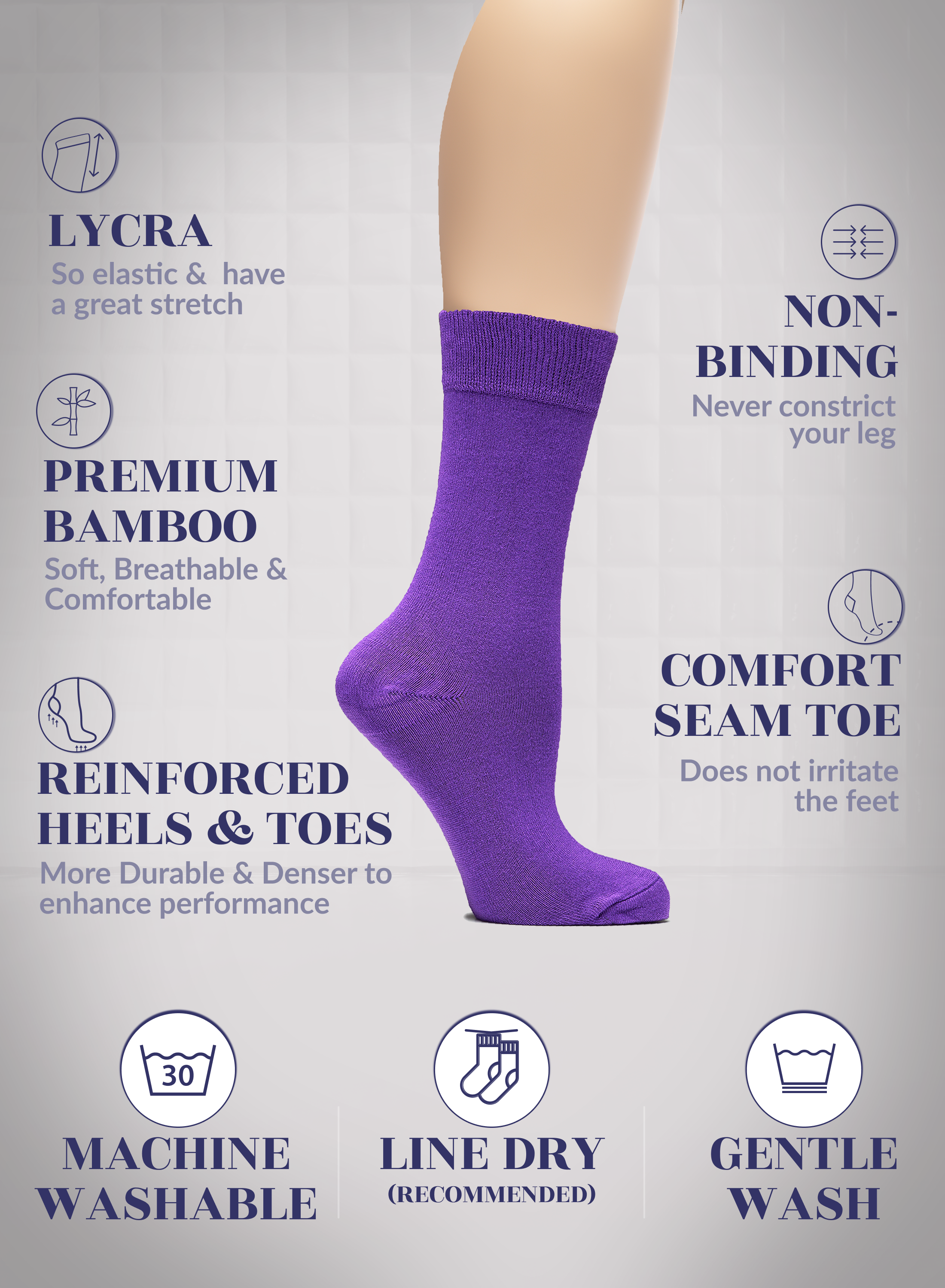 Purple sock on a leg with features listed on a gray background