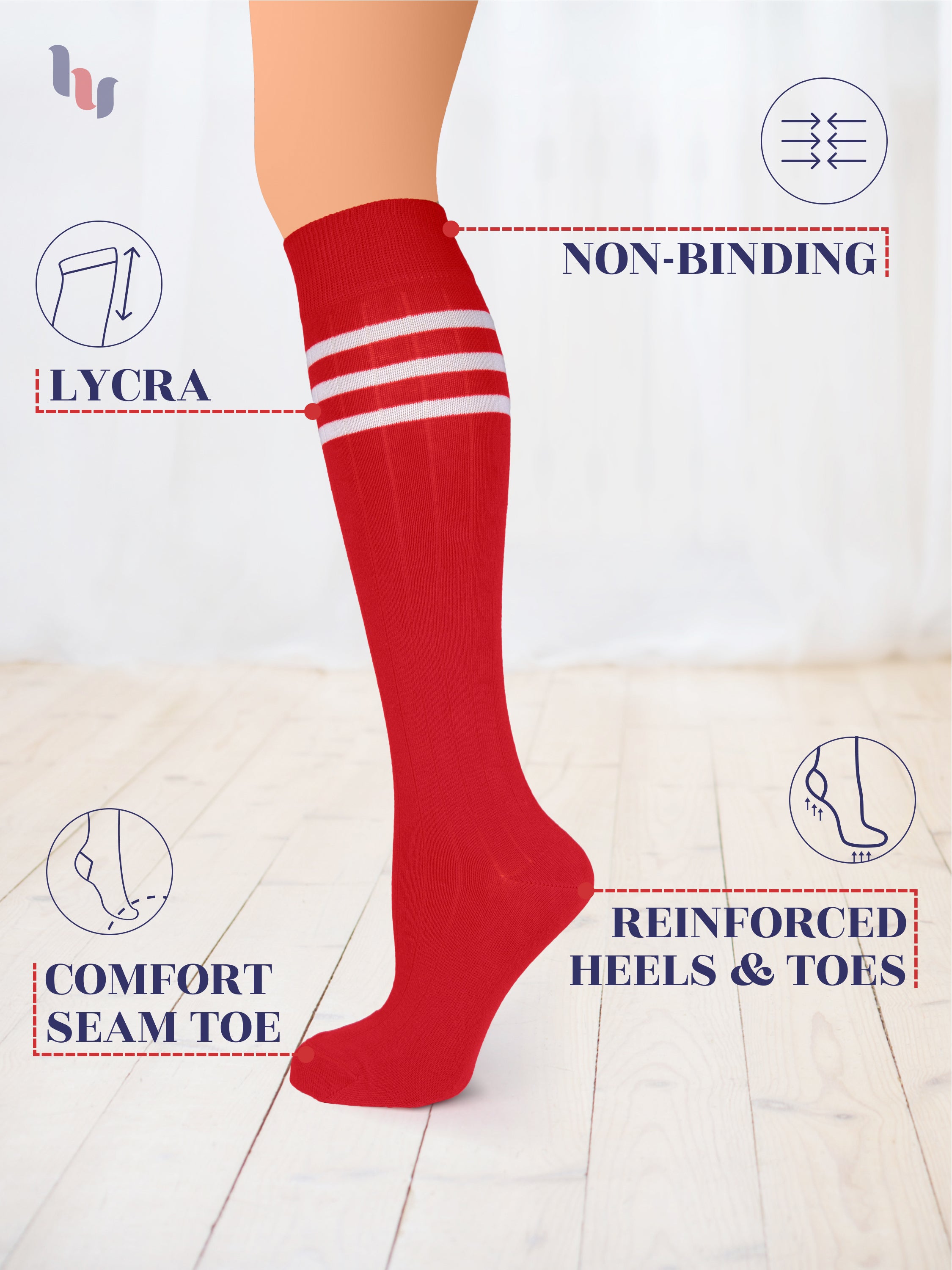 Red knee-high sock with white stripes on a light background, featuring text about sock features.