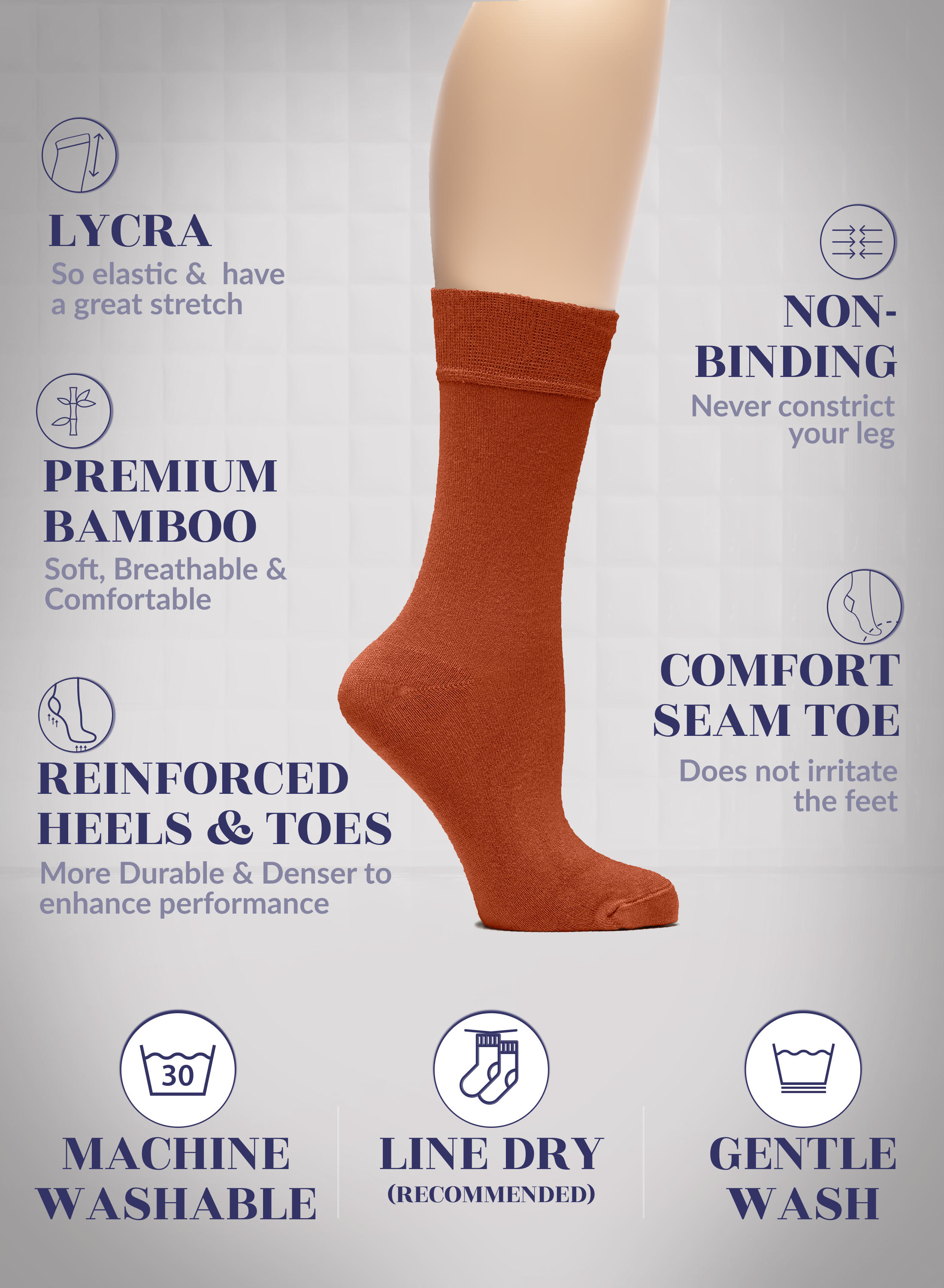 Bombay Brown sock on a leg with text highlighting features like elasticity, comfort, and care instructions.