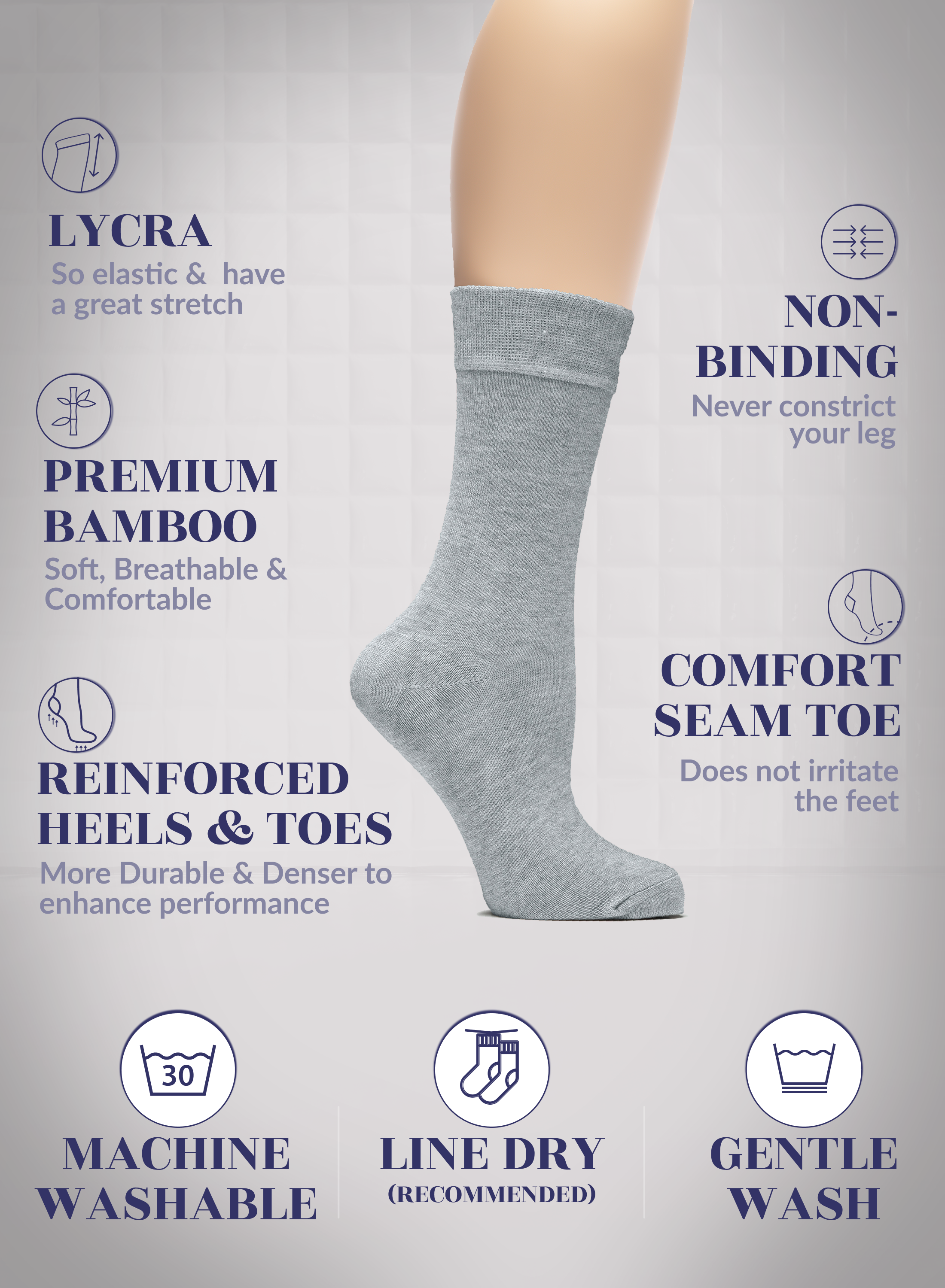 Light Gray sock with text highlighting features on a light gray background