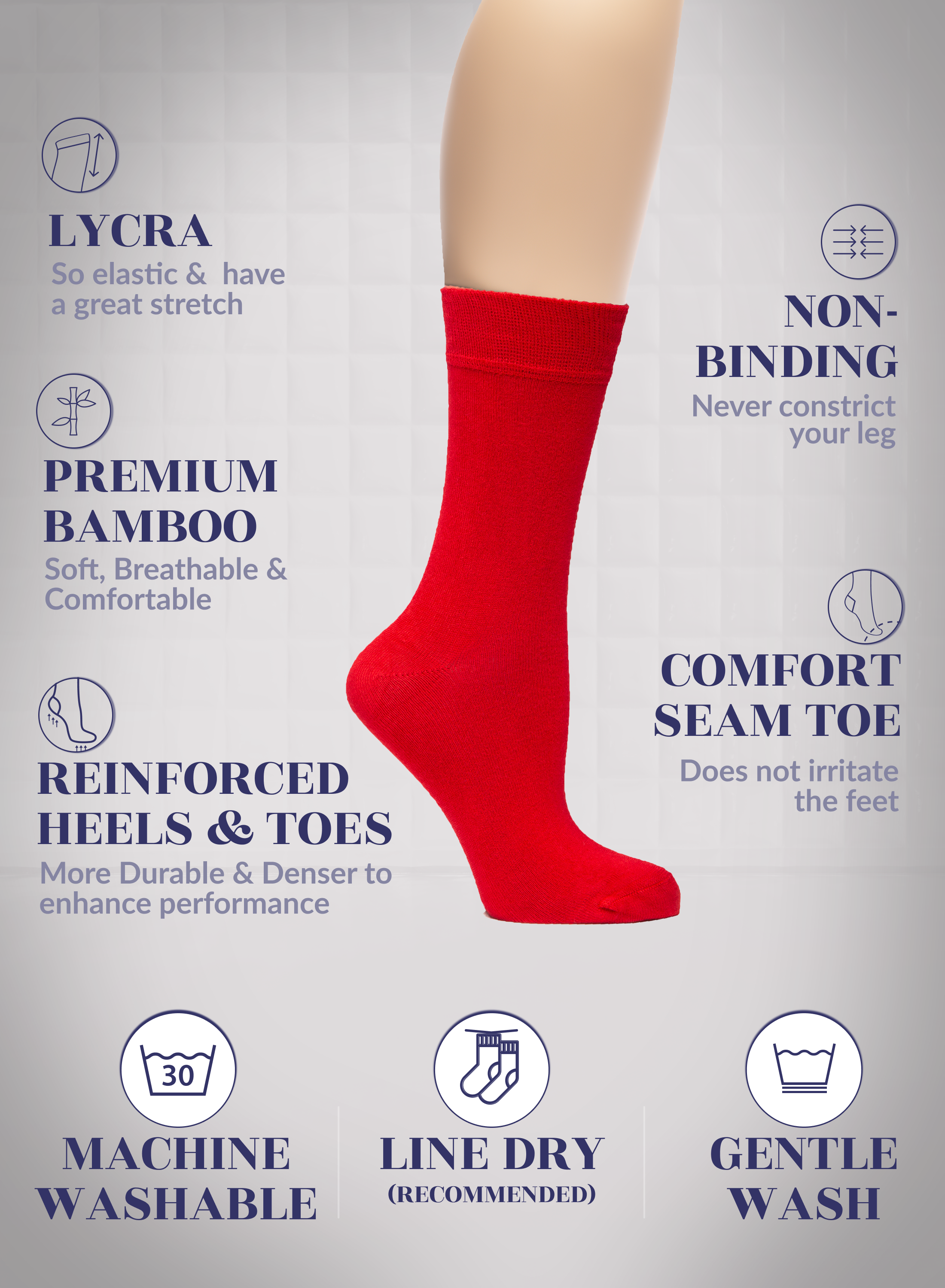 Red sock on a leg with text highlighting features like elasticity, comfort, and care instructions.
