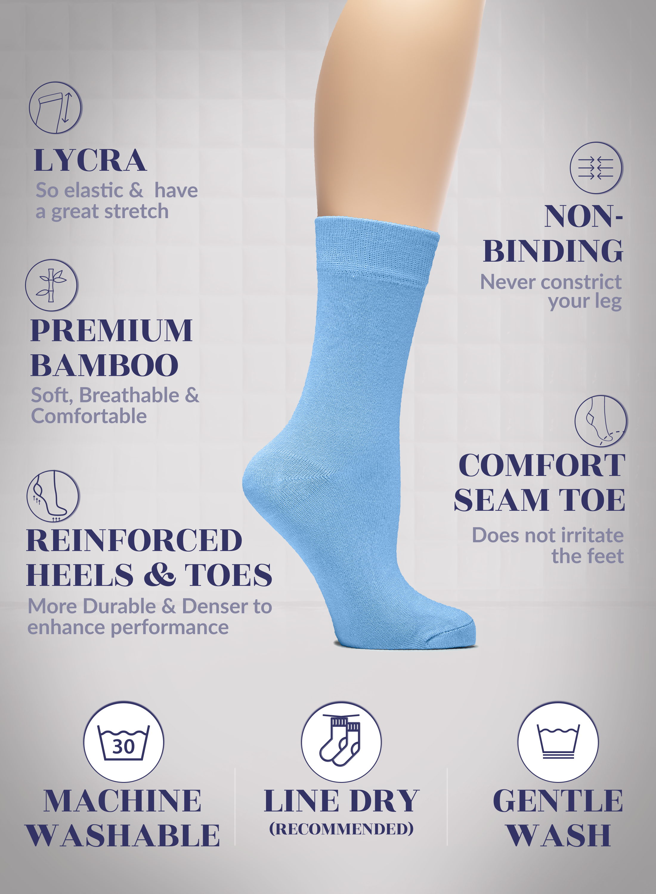 Blue sock with text highlighting features on a light gray background