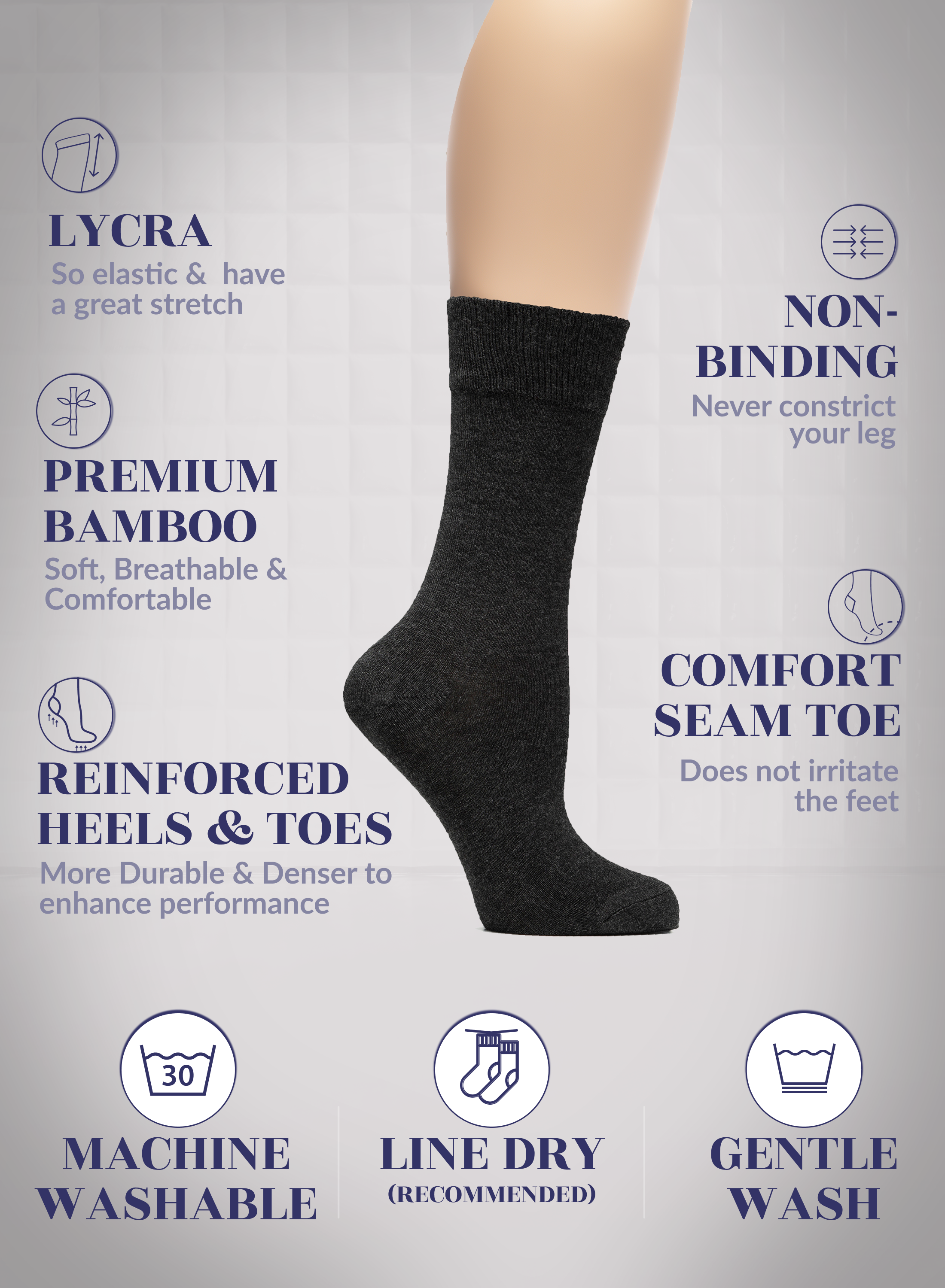 Charcoal sock on a gray background with text highlighting features like Lycra, bamboo, non-binding, and comfort seam toe.