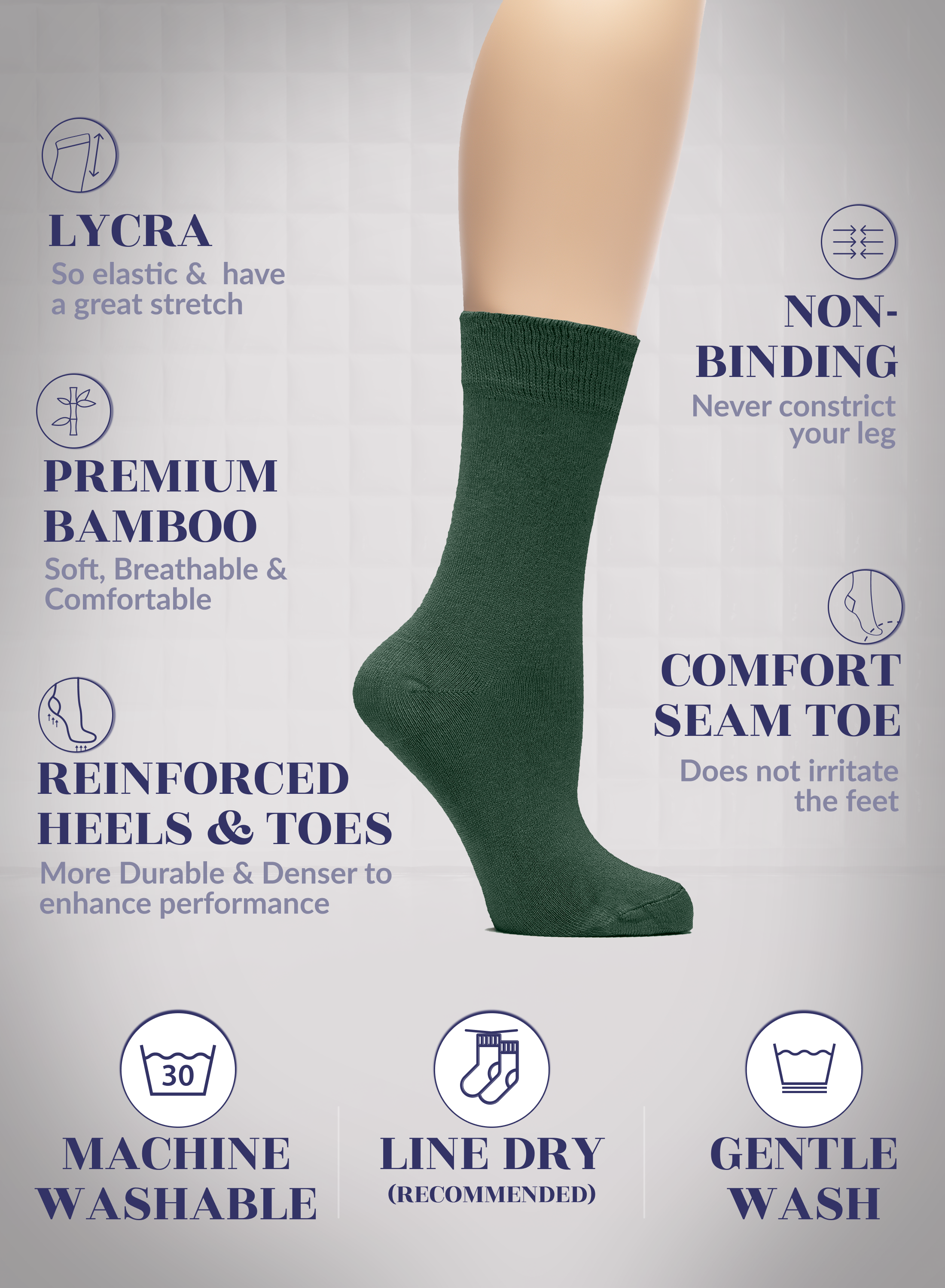 Army Green sock with text highlighting features on a gray background