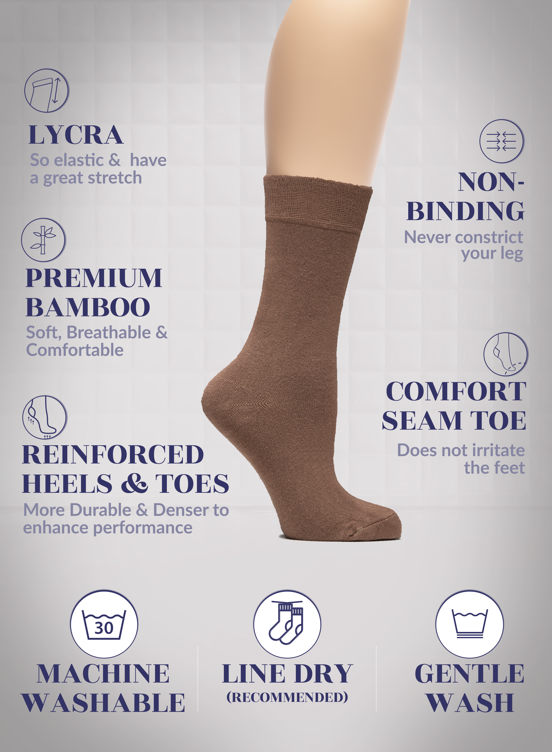 Brown sock on a leg with features listed on the left side.