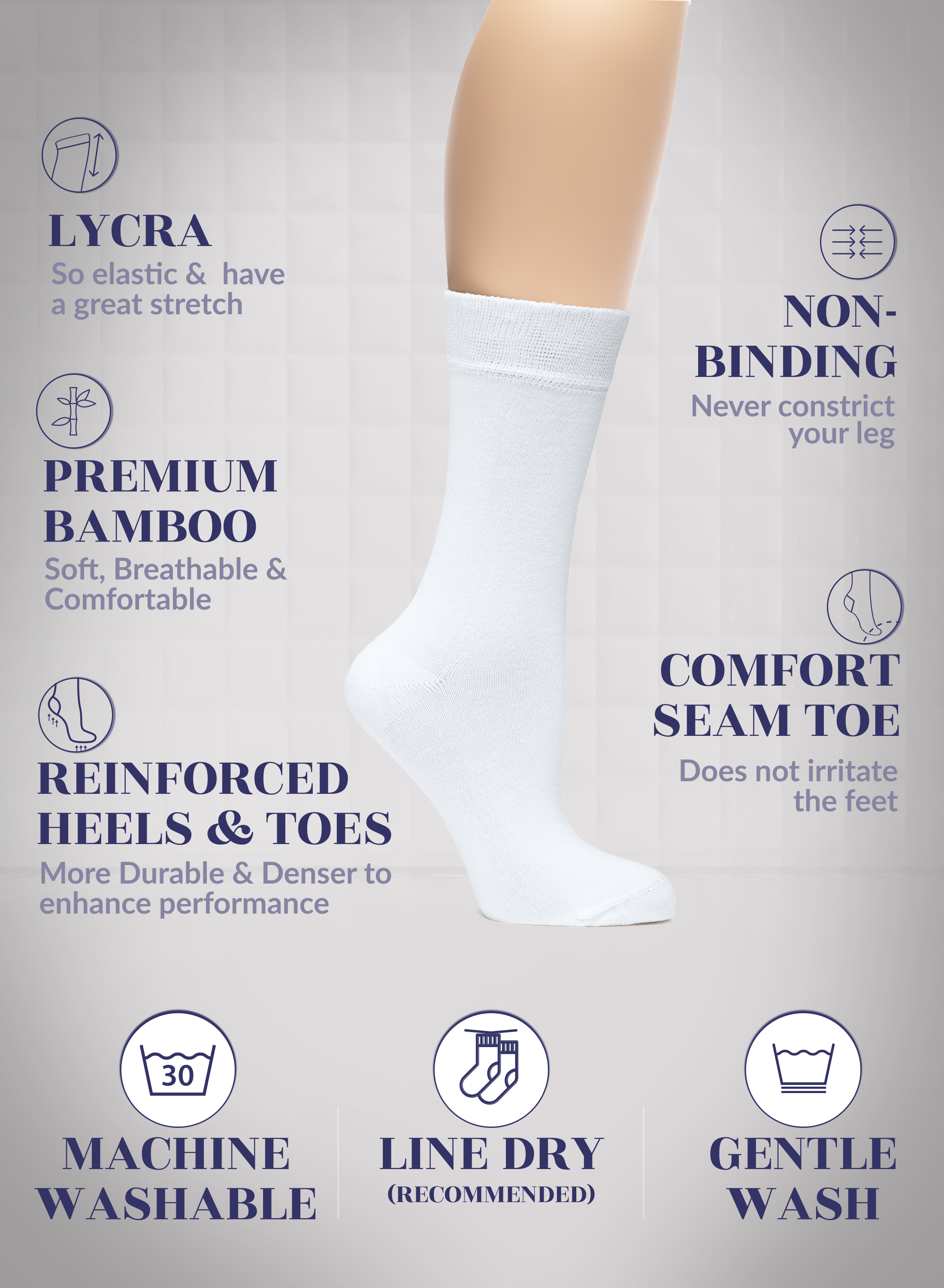 White sock with text highlighting features on a light gray background