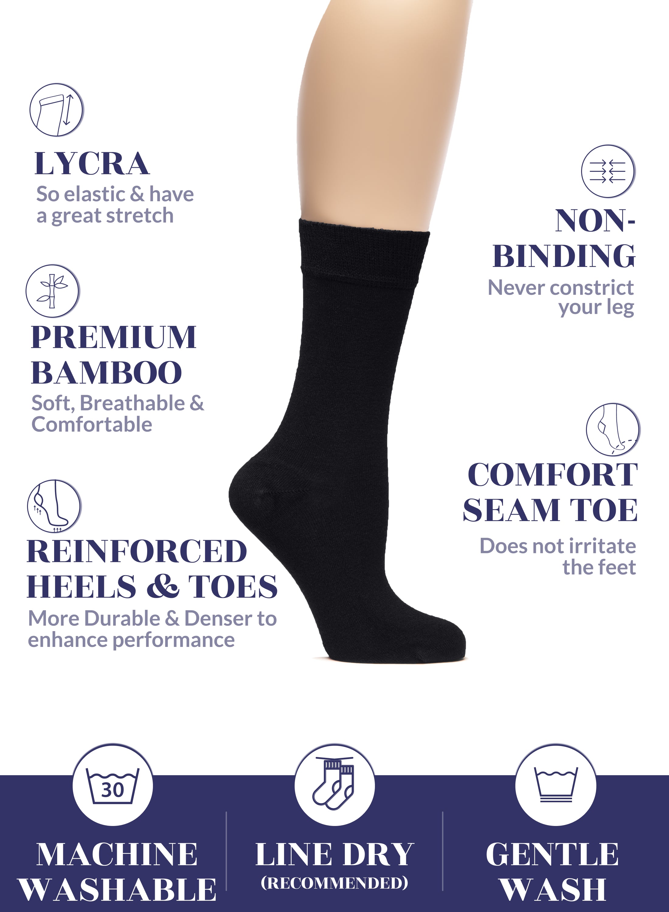 Black sock with features listed on a white background