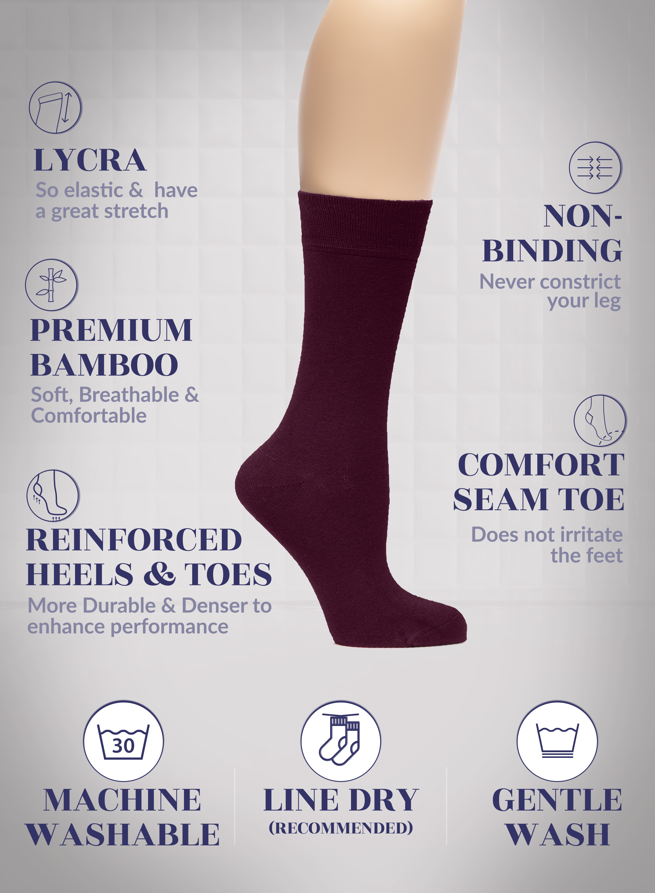 Burgundy sock on a mannequin leg with text highlighting features on a light gray background