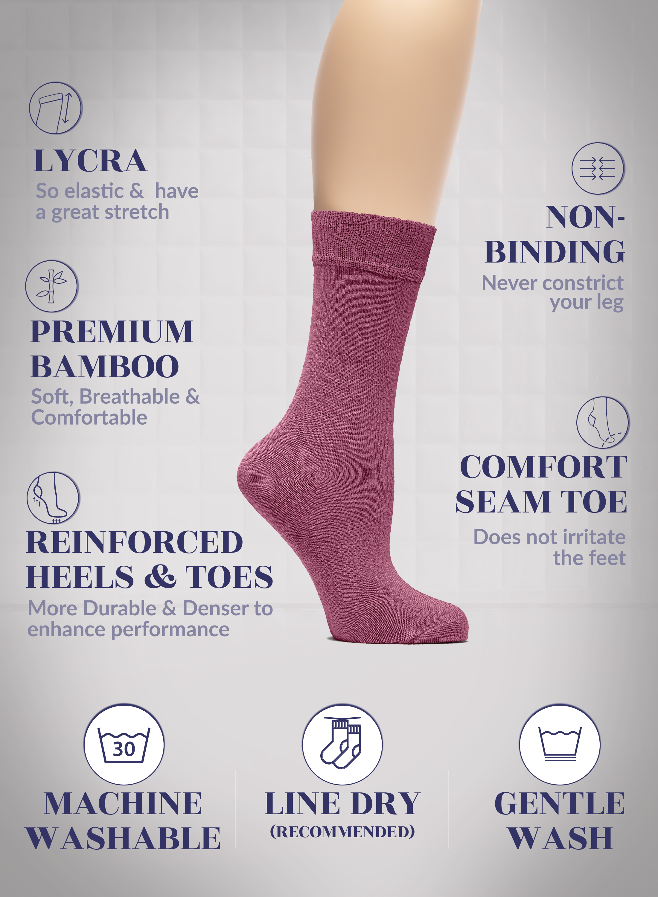 Rose Wood sock on a leg with text highlighting features like elasticity, comfort, and care instructions.