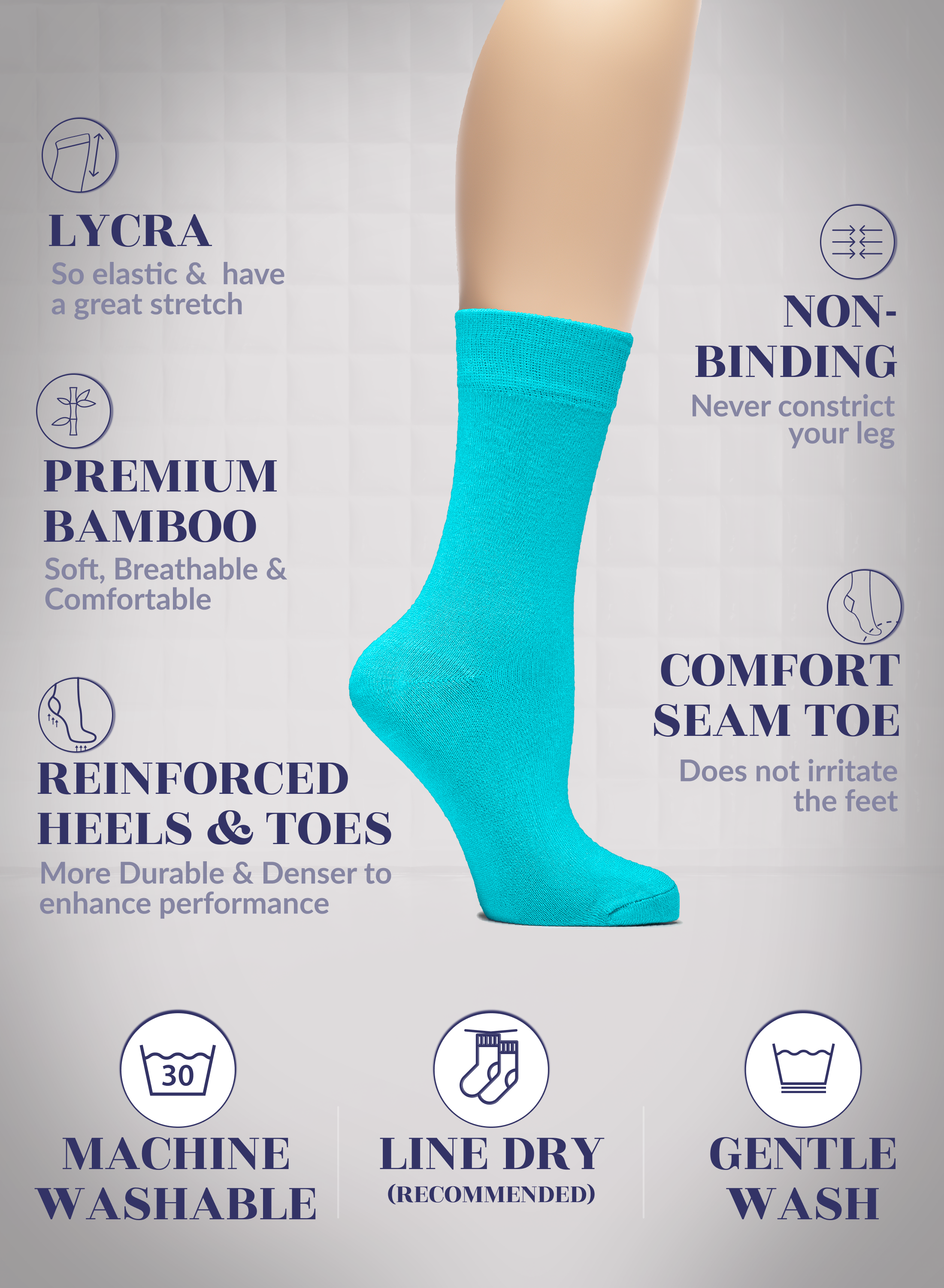 Blue Curacao sock with text highlighting features on a light gray background