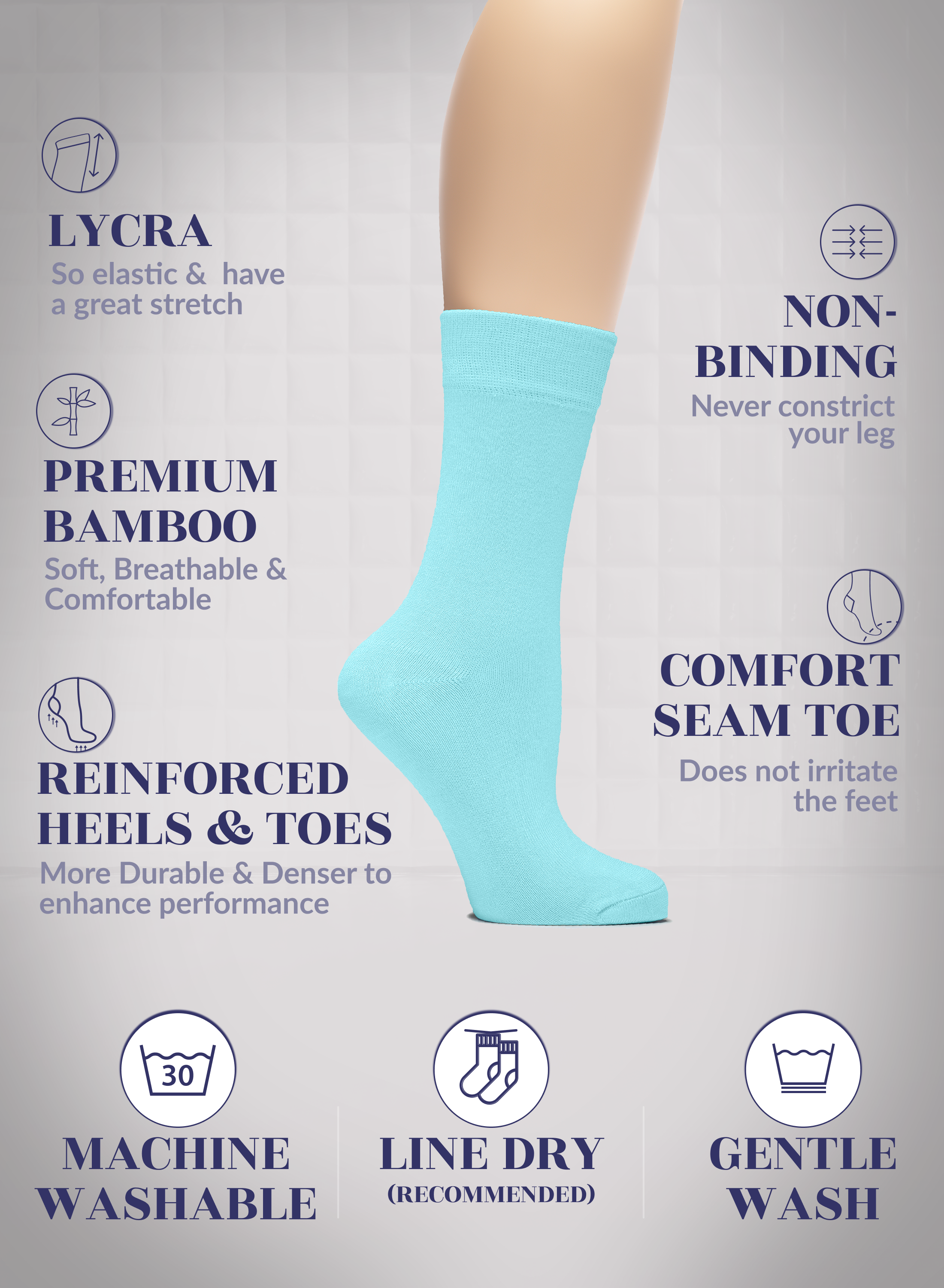 Pool blue sock with text highlighting features on a gray background