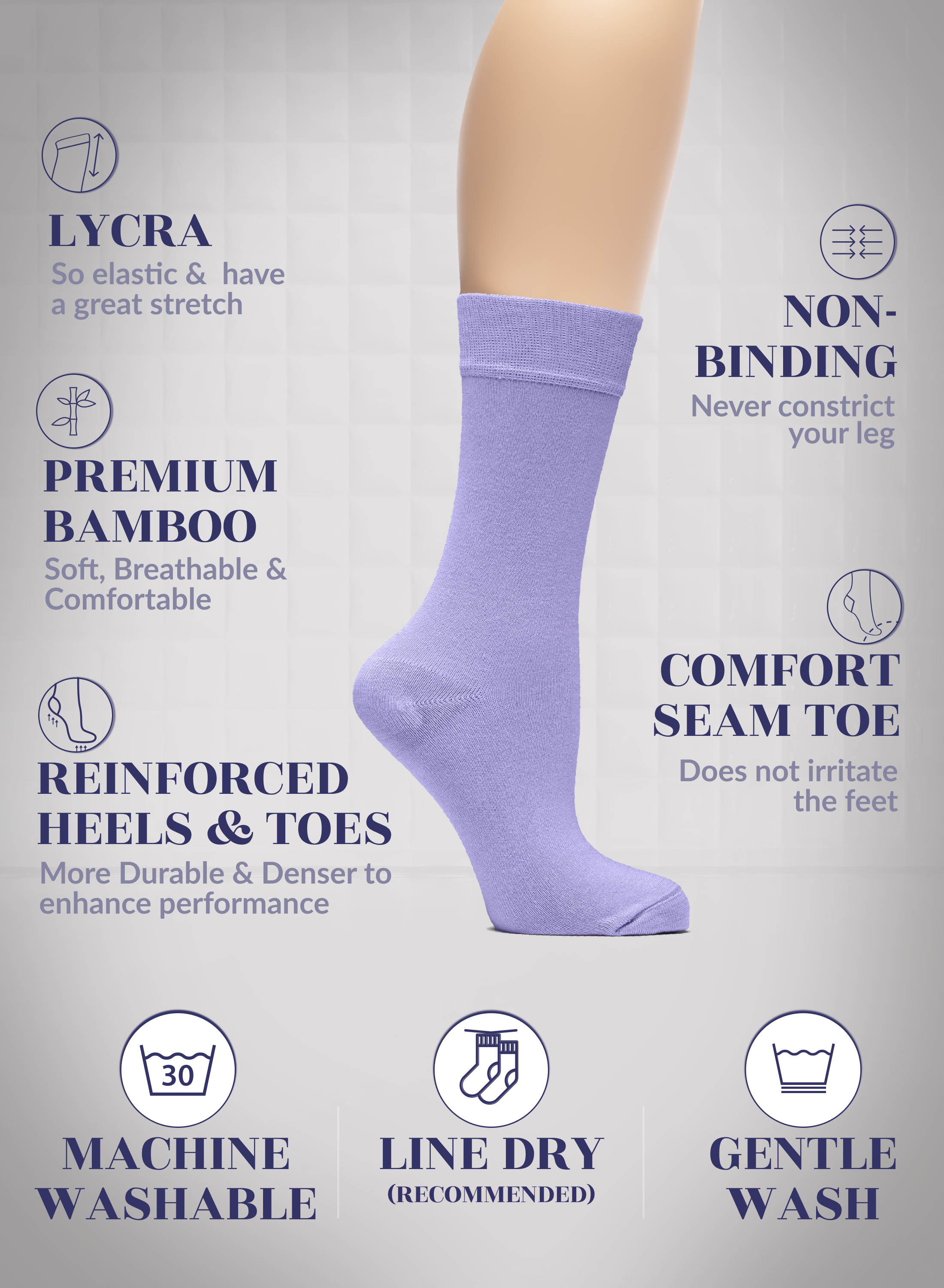 Aster Purple sock with text highlighting features on a light gray background