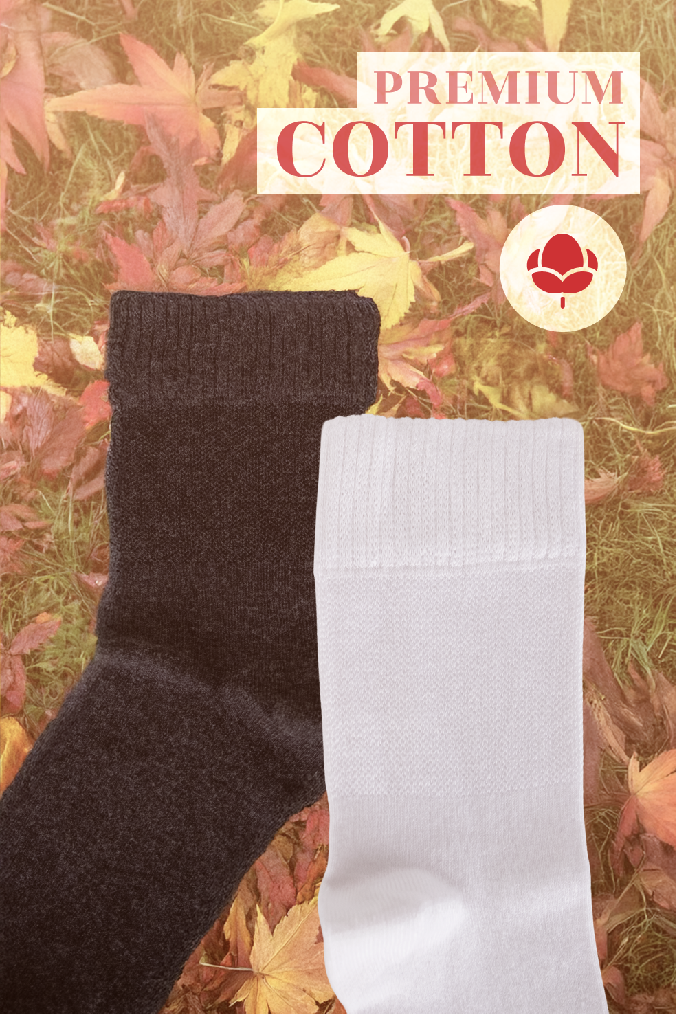 Two socks, one black and one white, on a background of autumn leaves with 'Premium Cotton' text.