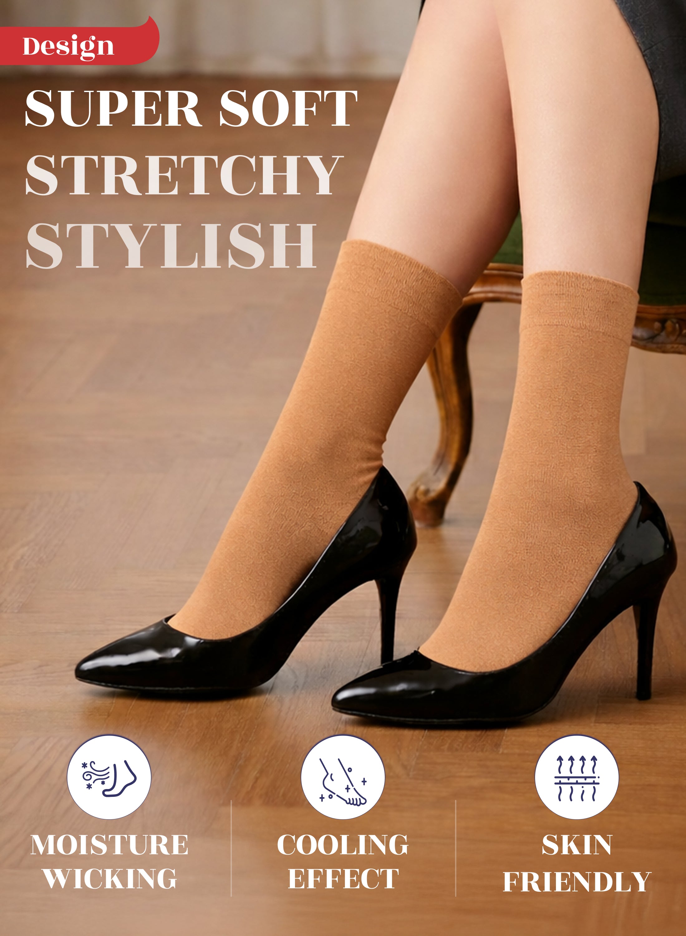Hazel tights worn with black high heels on a wooden floor, with text highlighting features.