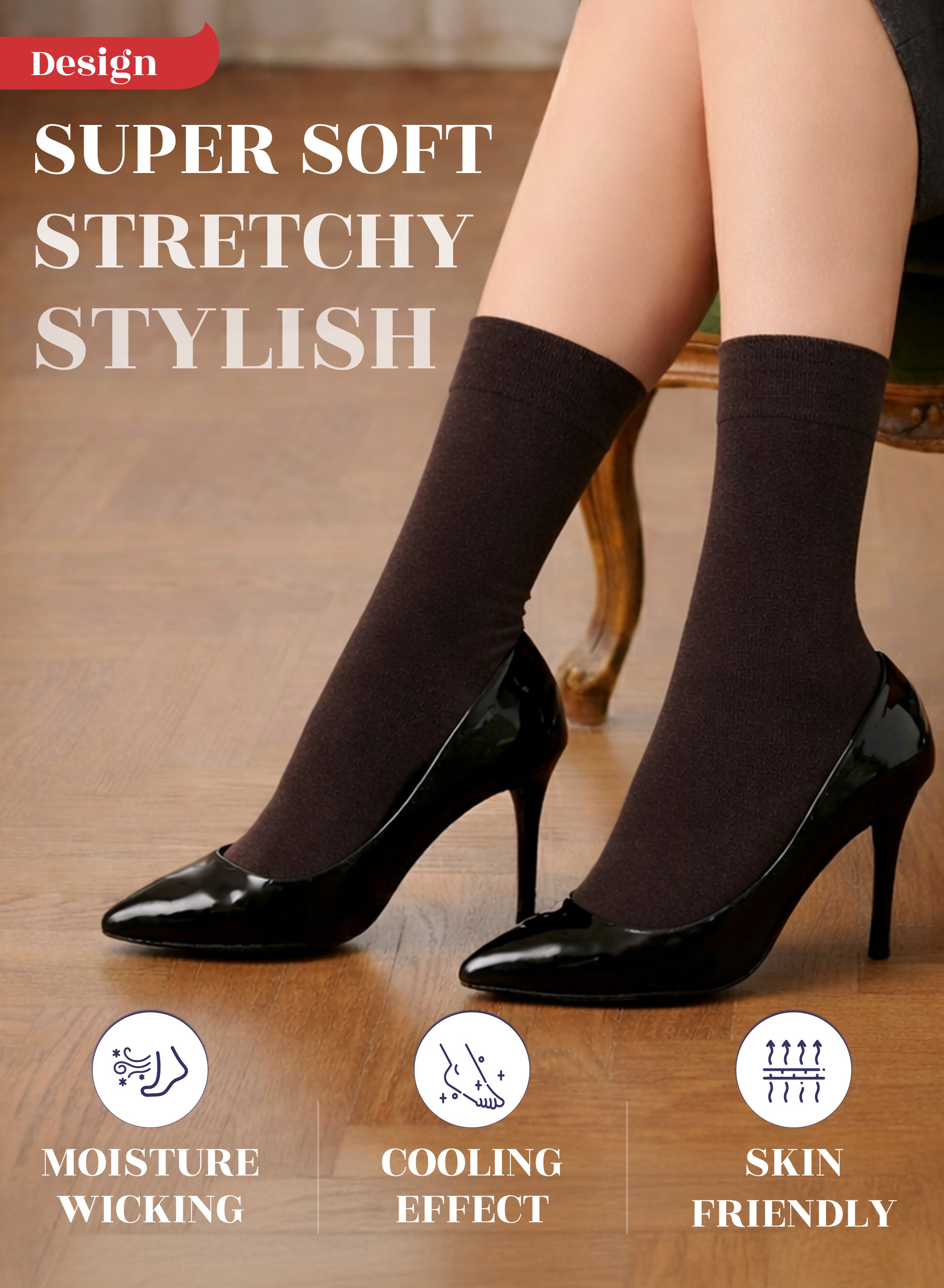 Dark Brown socks worn with high heels on a wooden floor, featuring text and icons about sock properties.