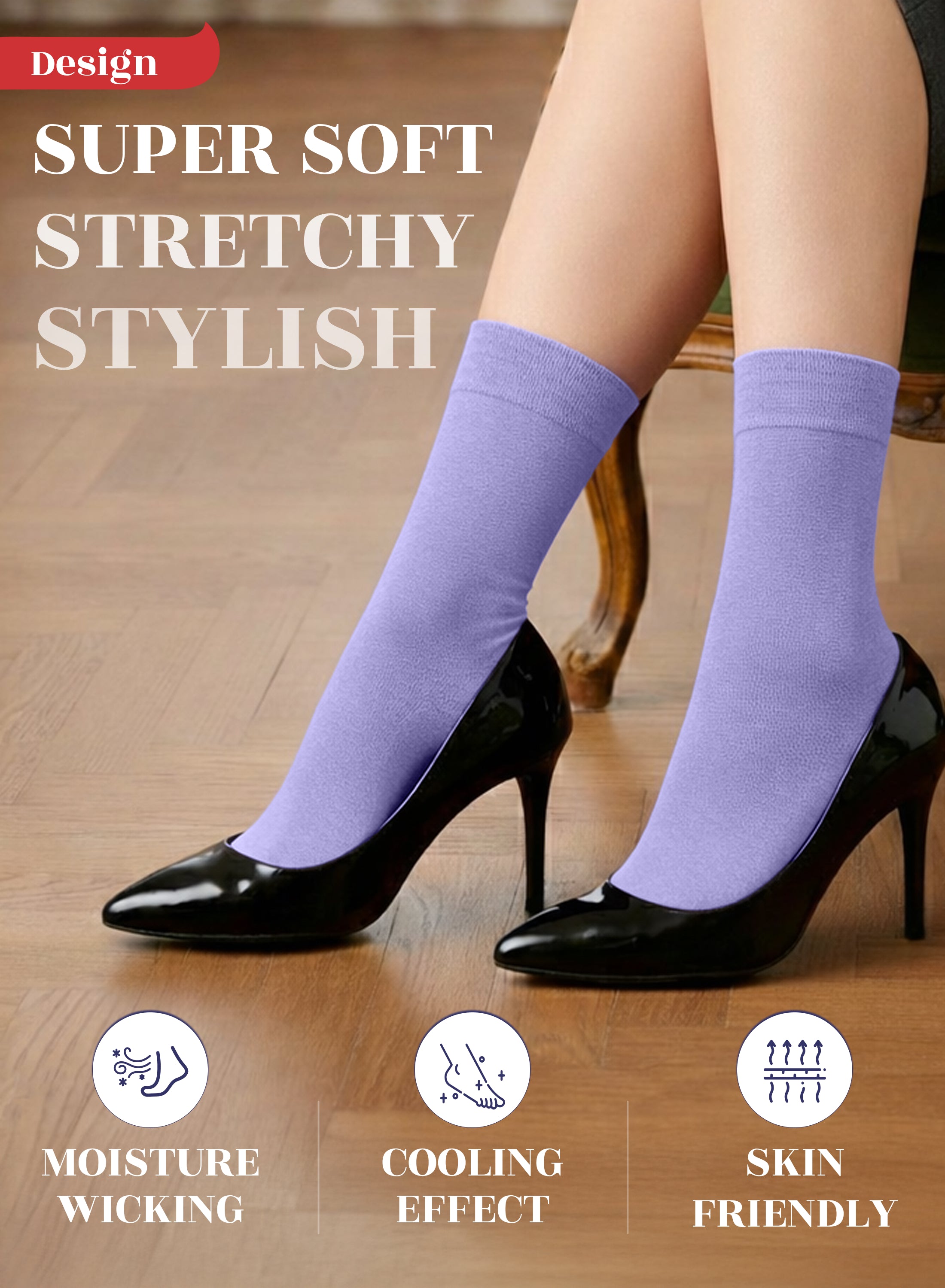 Aster Purple socks worn with black high heels on a wooden floor, featuring text and icons about sock properties.